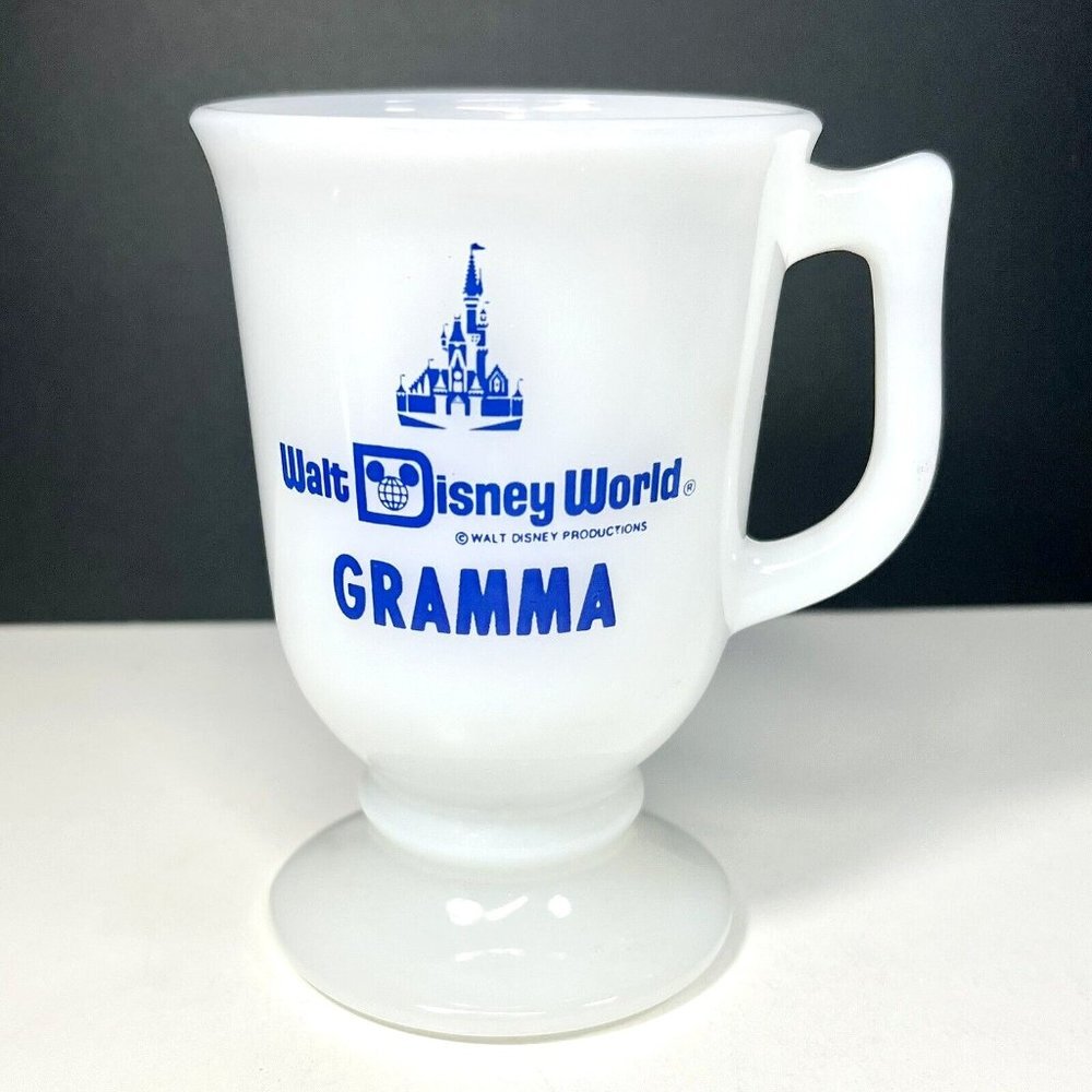 Vintage Walt Disney World GRAMMA Pedestal White Milk Glass Mug Souvenir